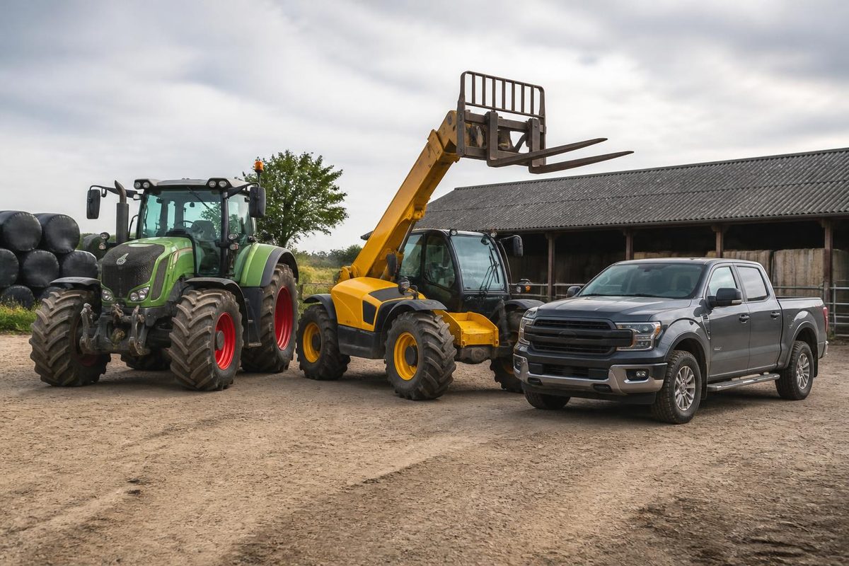 Tractor, telehandler and pickup parked in a farm yard