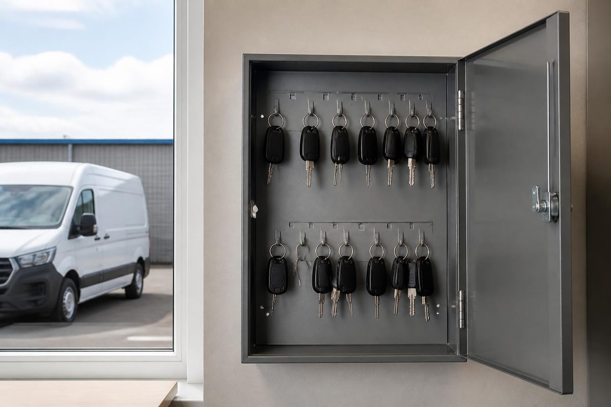 Key cabinet with vehicle keys in a depot office