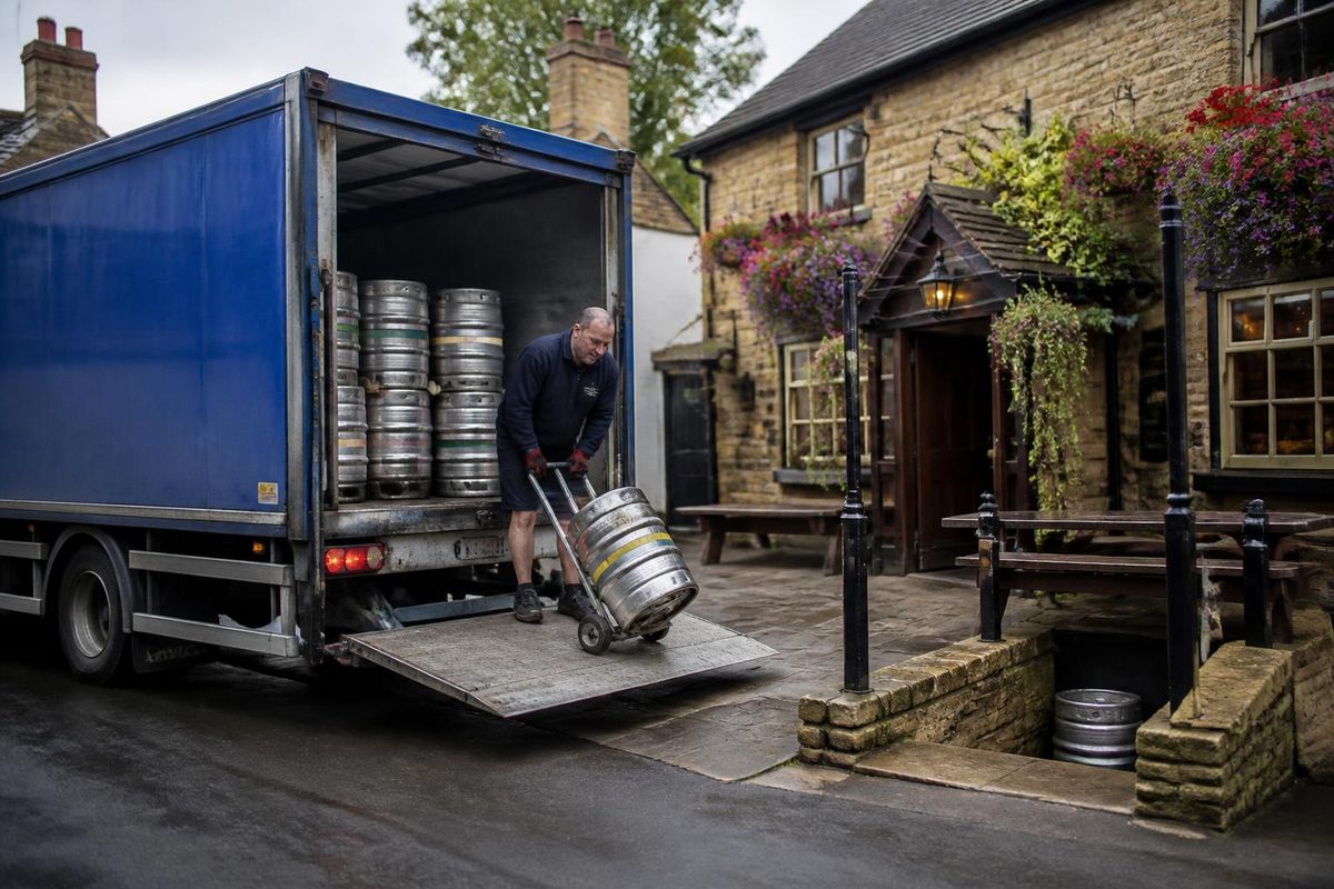 Brewery dray parked outside a pub with kegs being lowered on the tail lift