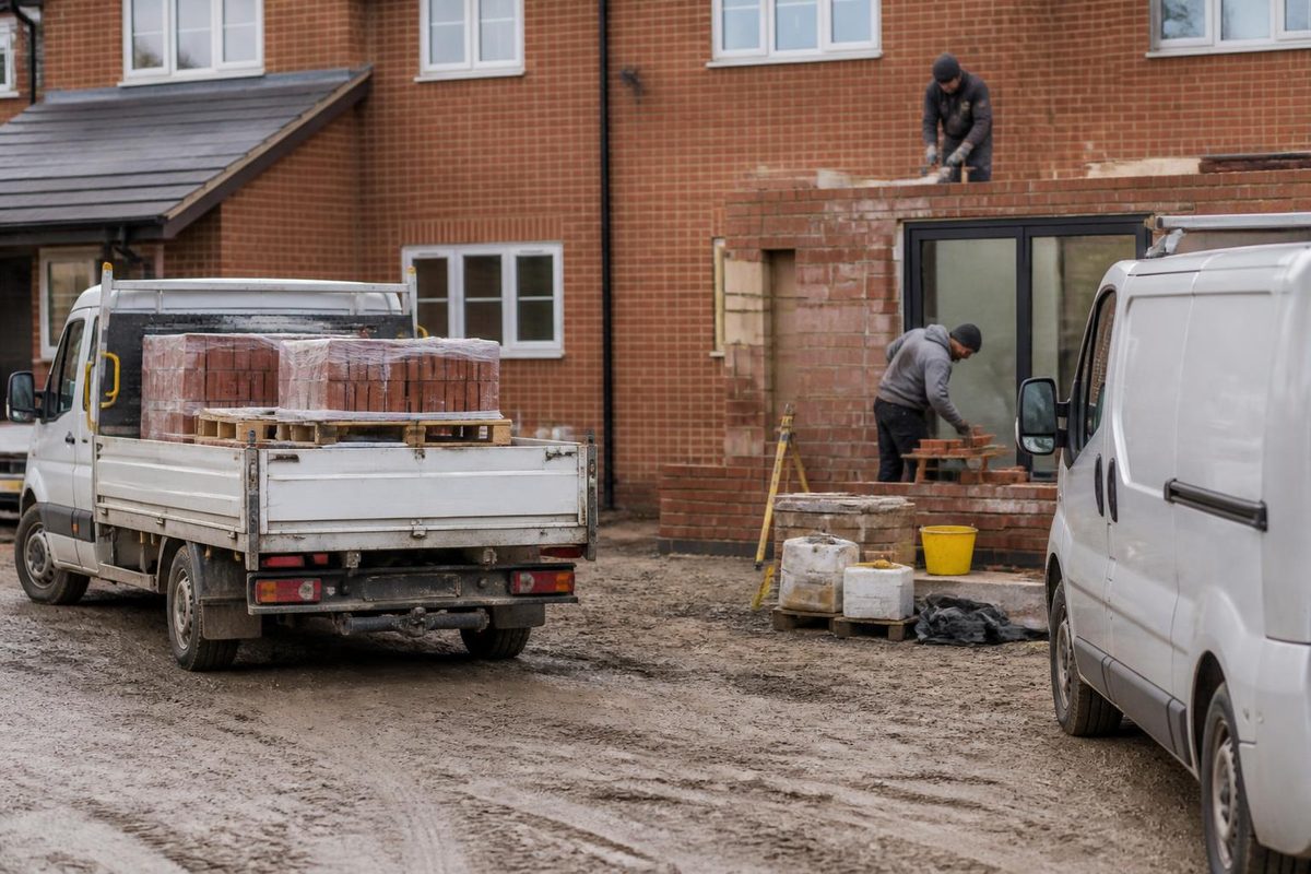 Crew-cab dropside van with a towed cement mixer parked on a new housing development