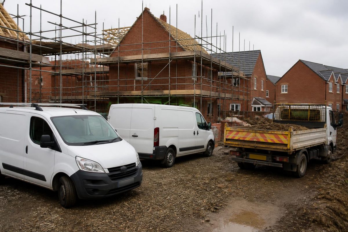 Builder's tipper and two panel vans parked beside a house extension under construction