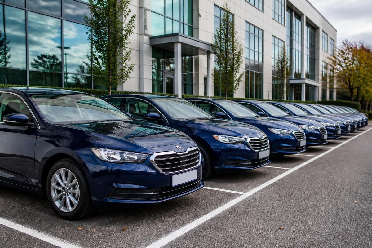 Row of dark blue company cars parked outside an office building