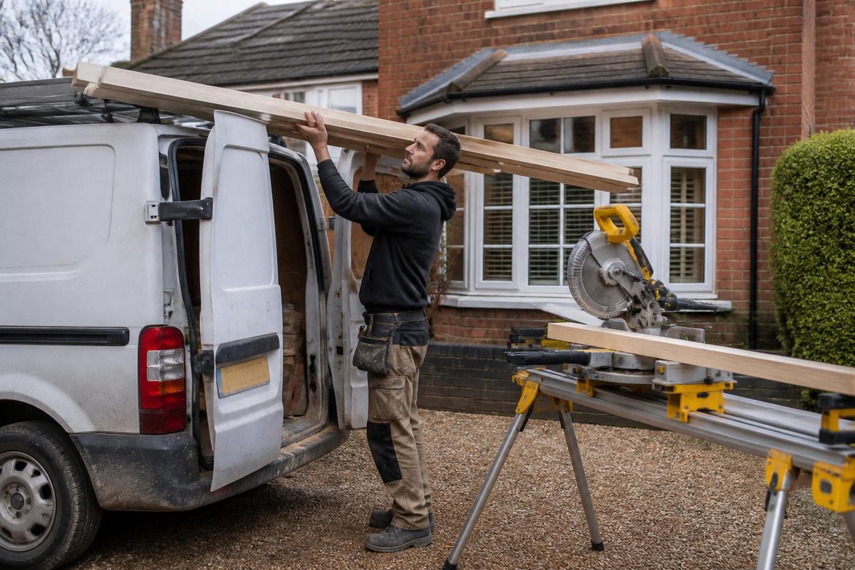 Joiner loading lengths of timber onto the roof rack of a long wheelbase van