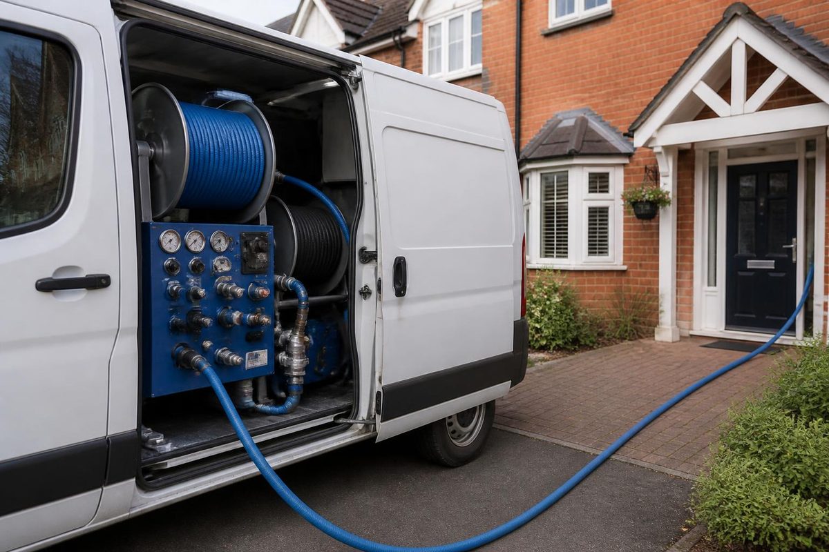 Carpet cleaning van with rear doors open showing a truck-mounted cleaning unit and hose reel