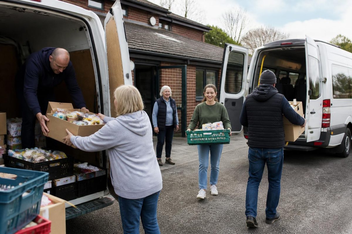 Charity shop van being loaded with donated furniture outside a high street shop
