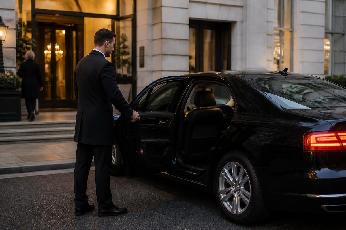 Black executive saloon with a chauffeur holding the rear door open outside a hotel entrance