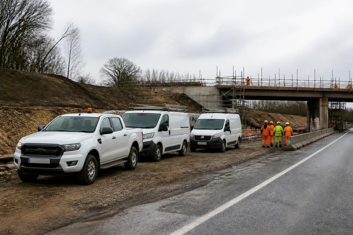 Crew van and 4x4 pickup with amber beacons parked inside a coned works area beside a dual carriageway