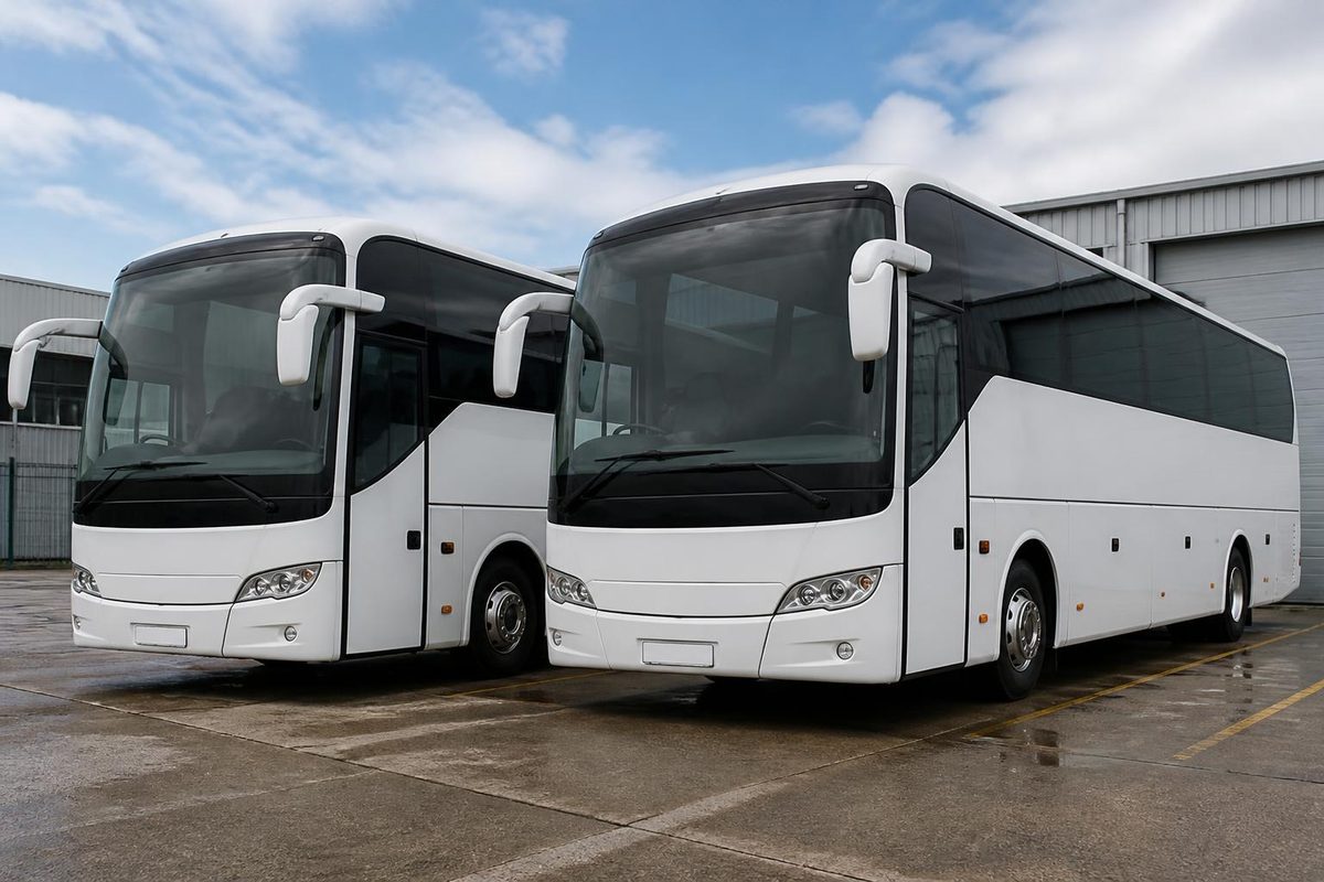Two white touring coaches parked at a coach depot