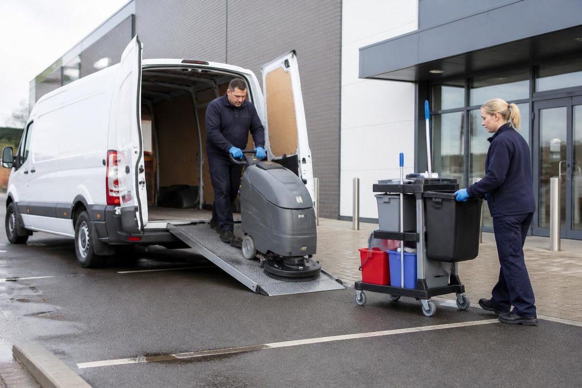 Contract cleaning van unloading a floor scrubber outside a retail unit