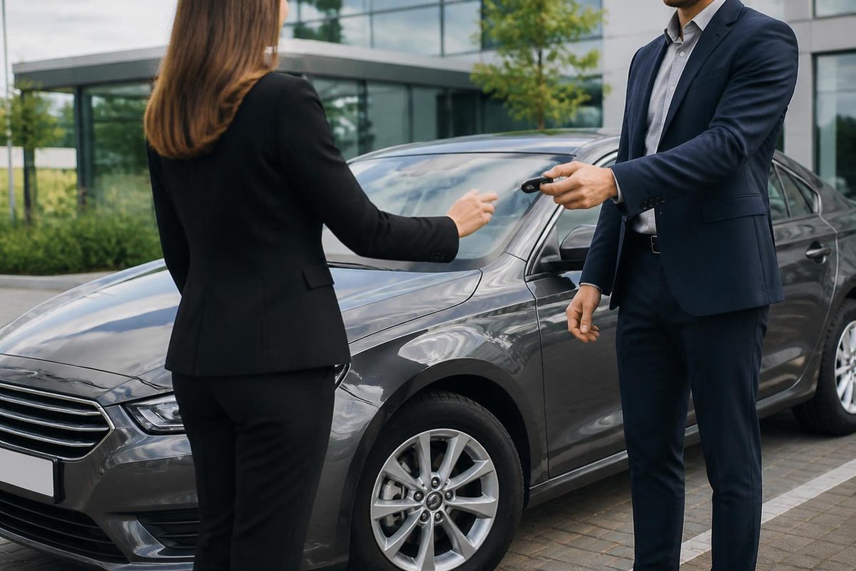 Office worker collecting car keys beside a company car