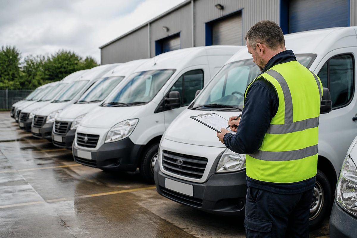 Fleet manager checking paperwork beside a line of vans