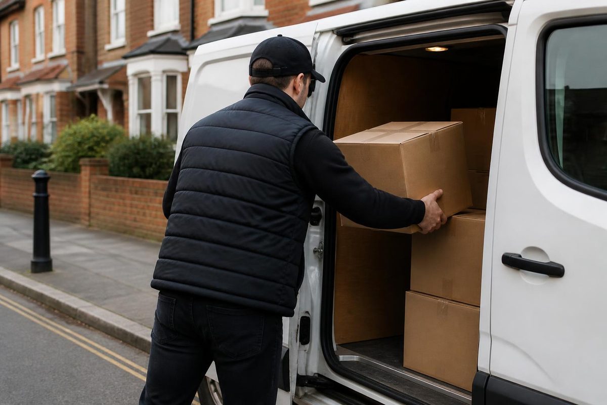 Courier loading parcels into a white van on a residential street