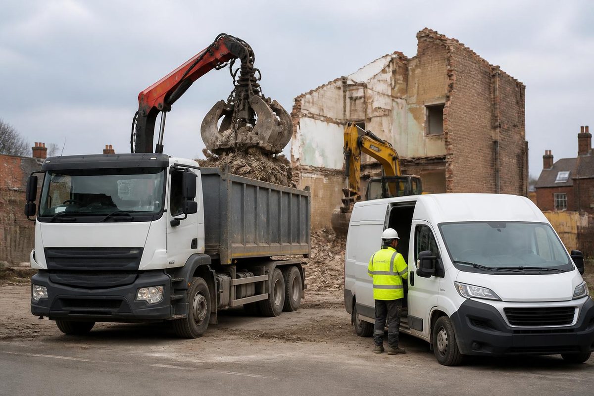 Grab lorry loading rubble beside a part-demolished building behind site hoarding