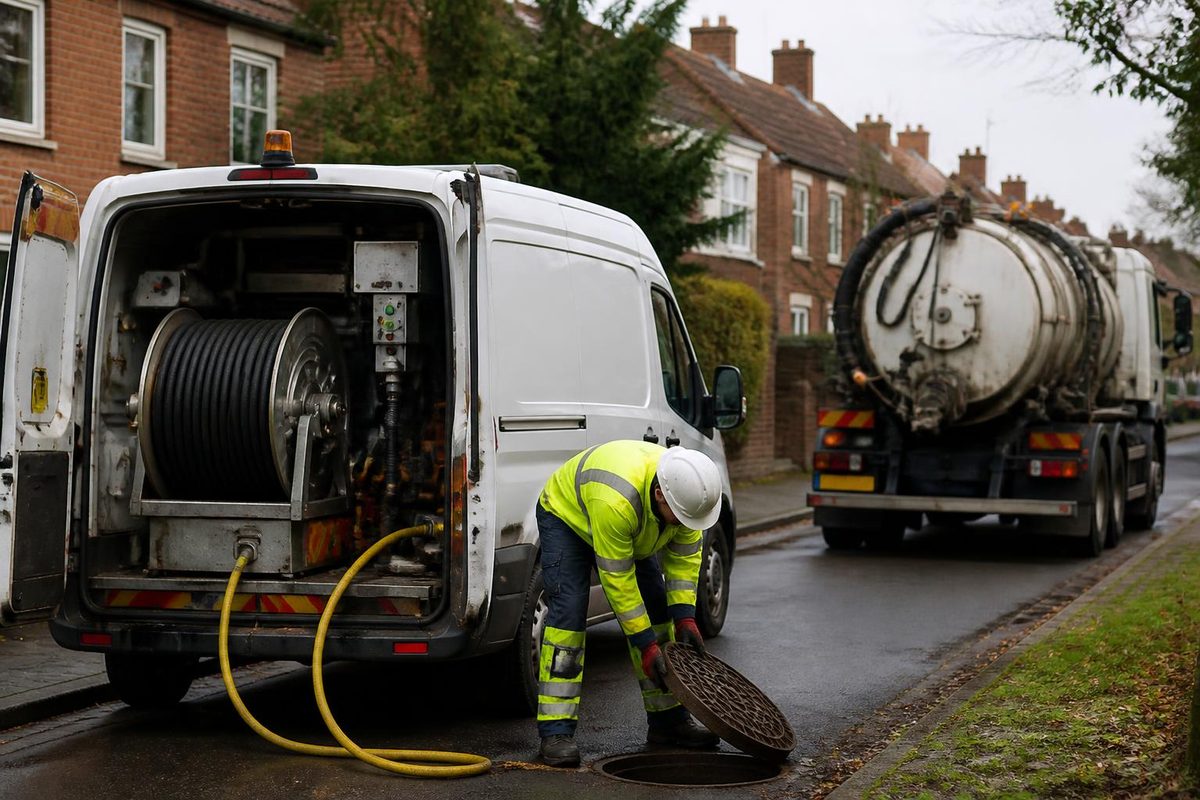 Drainage jetting van parked at the kerb with its hose reel unwound to a manhole