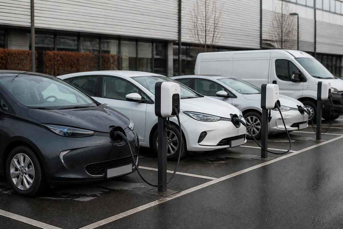 Electric company cars and a van plugged into charging points