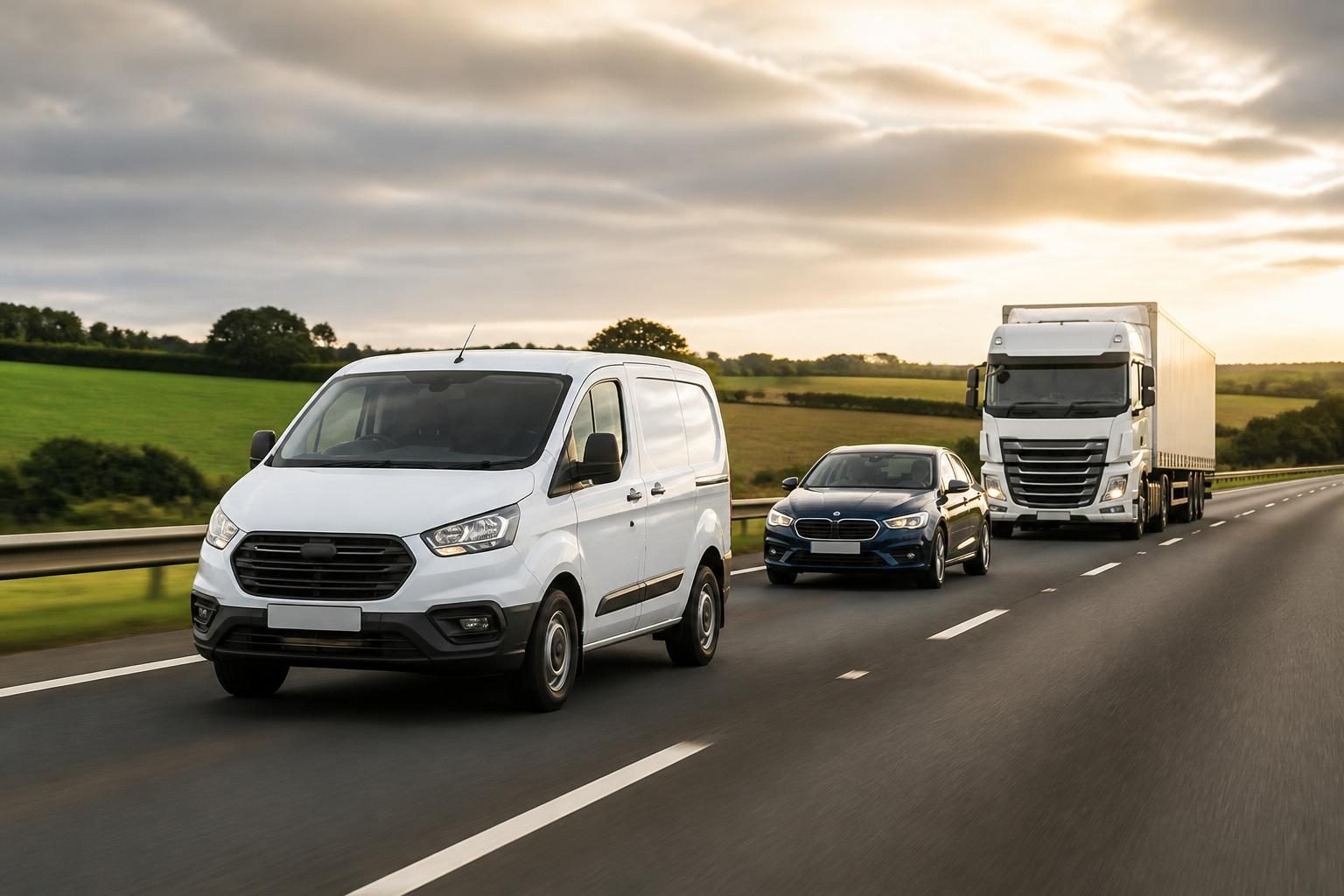 A white van, a company car and an articulated lorry travelling together on a UK motorway