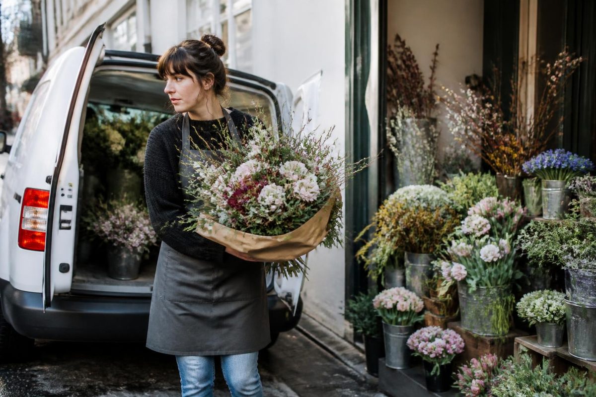 Florist placing a wrapped bouquet into the back of a small delivery van outside a flower shop