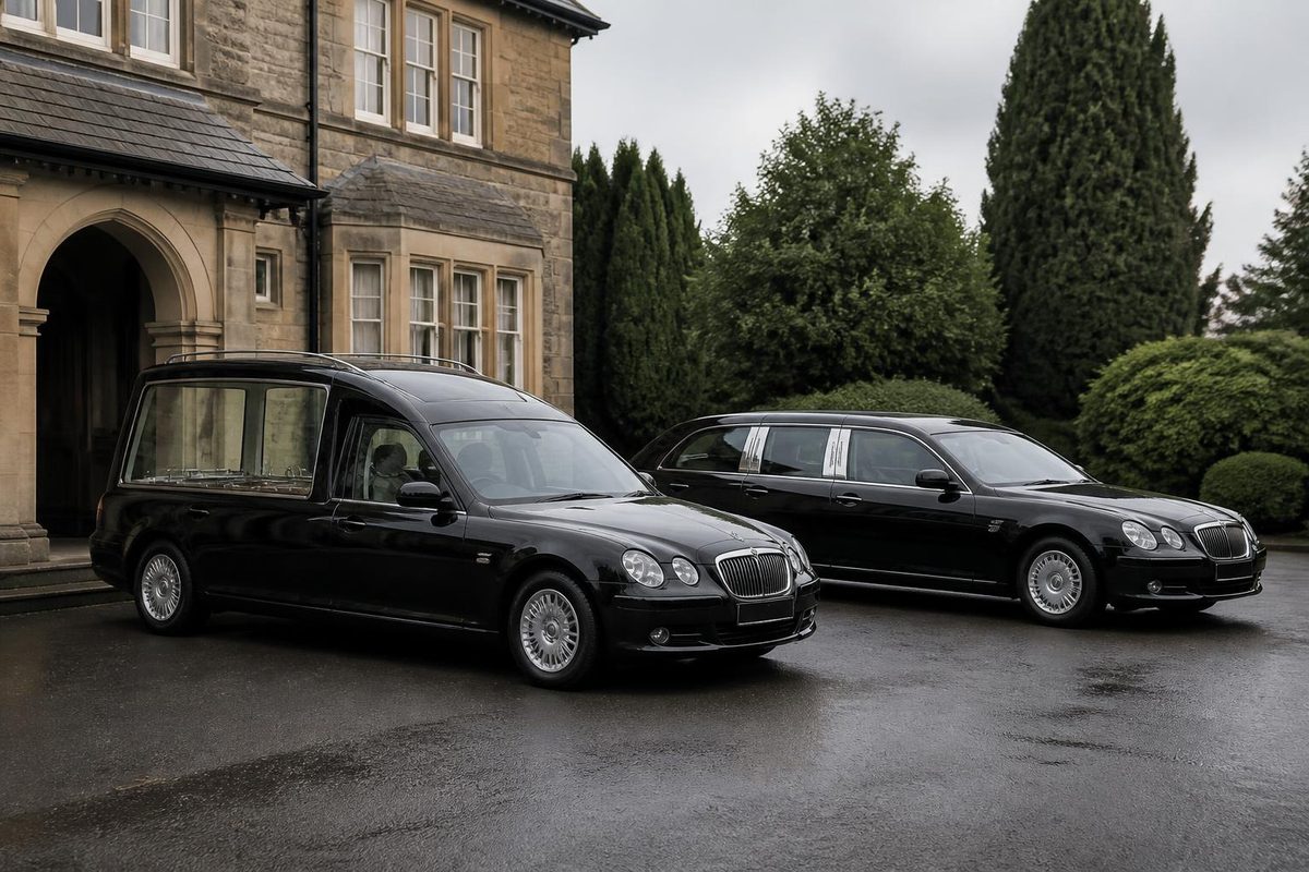 Black hearse and matching limousine parked outside a funeral home