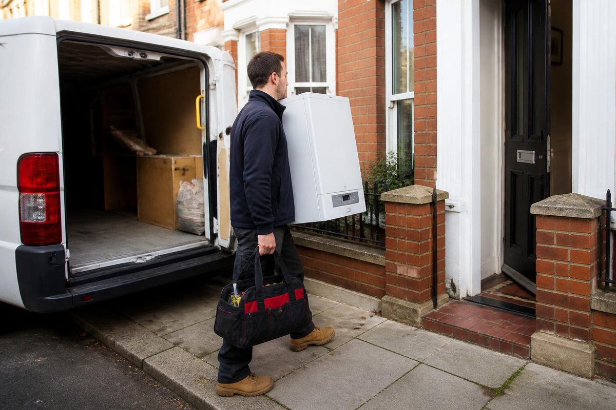 Boiler engineer unloading a boxed boiler from a van on a residential street