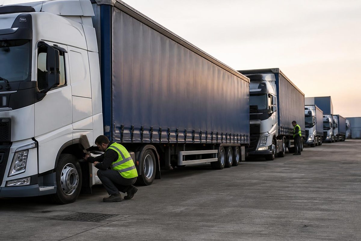 Haulage lorries lined up in a fenced, floodlit yard at dusk