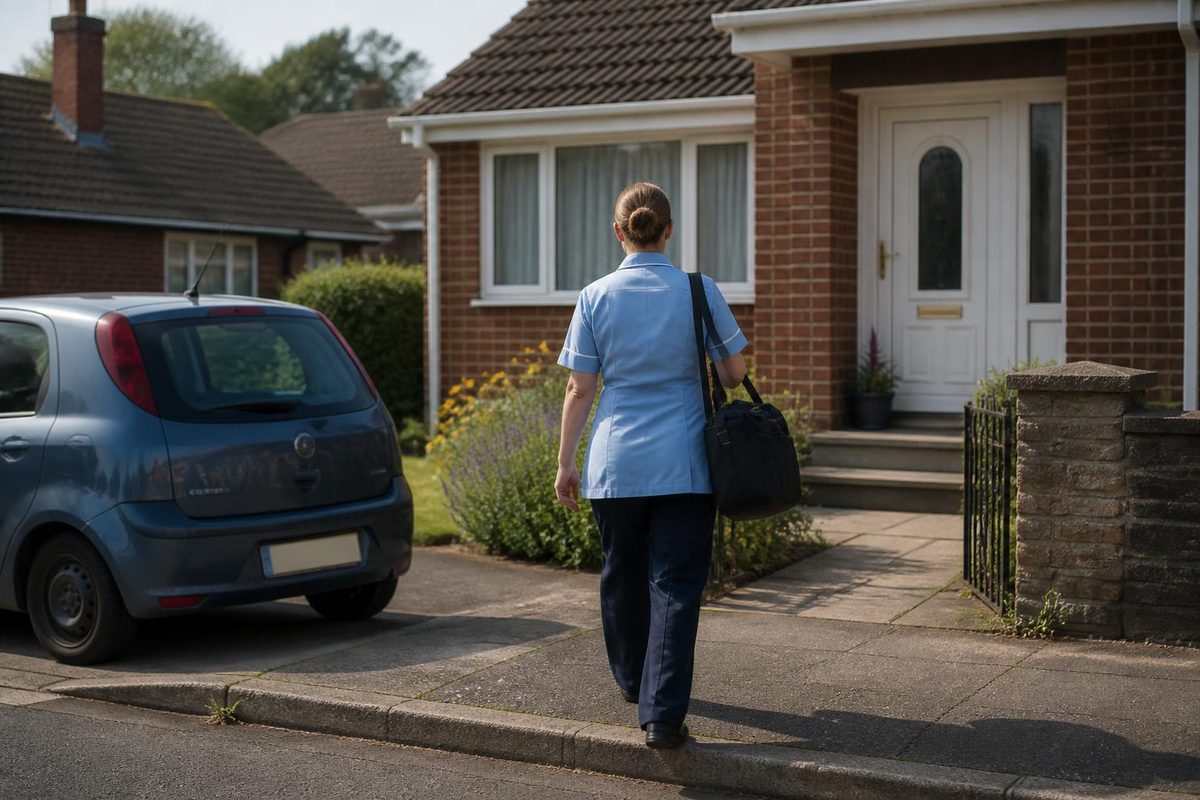 Care worker with a lanyard locking a small hatchback outside a row of terraced houses in the early morning
