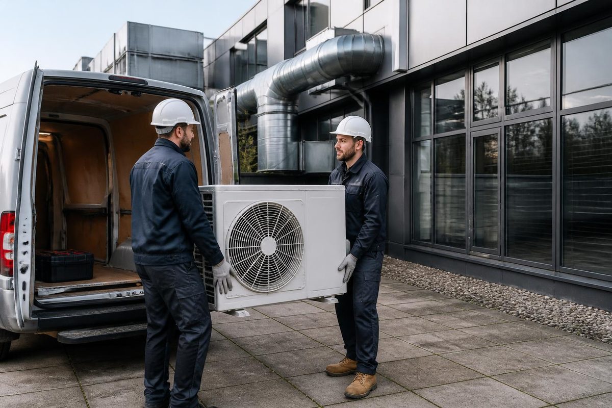 Air conditioning engineer's high-roof van parked beside rooftop condensing units