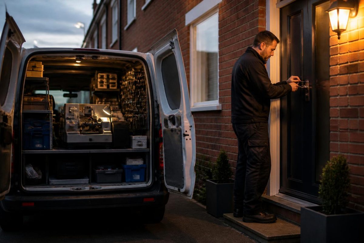 Mobile locksmith van with side door open showing a key cutting machine