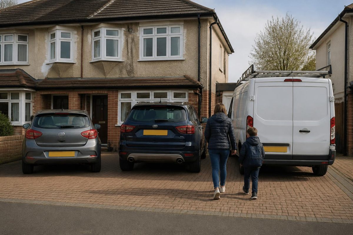 Family hatchback, SUV and a white work van parked on a home driveway