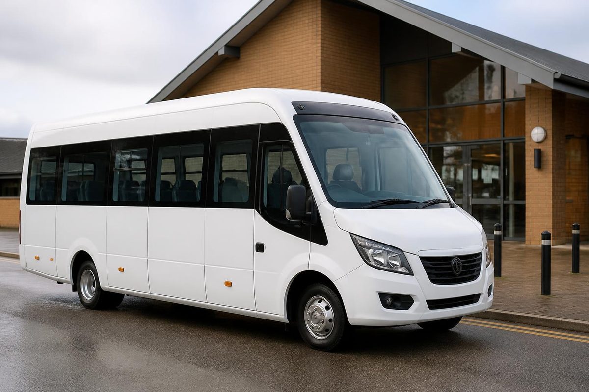 White minibus parked outside a community centre