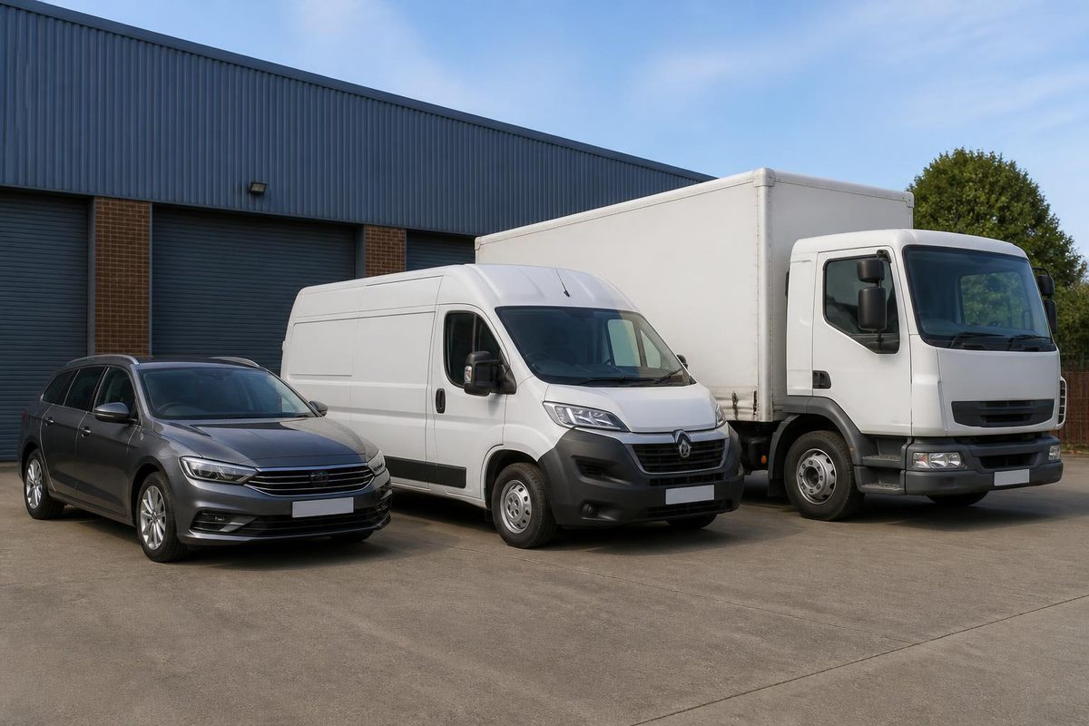 A company car, a van and a small lorry parked side by side