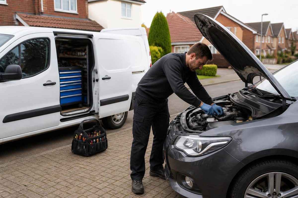 Mobile mechanic's service van parked on a residential driveway beside a customer's car with its bonnet open