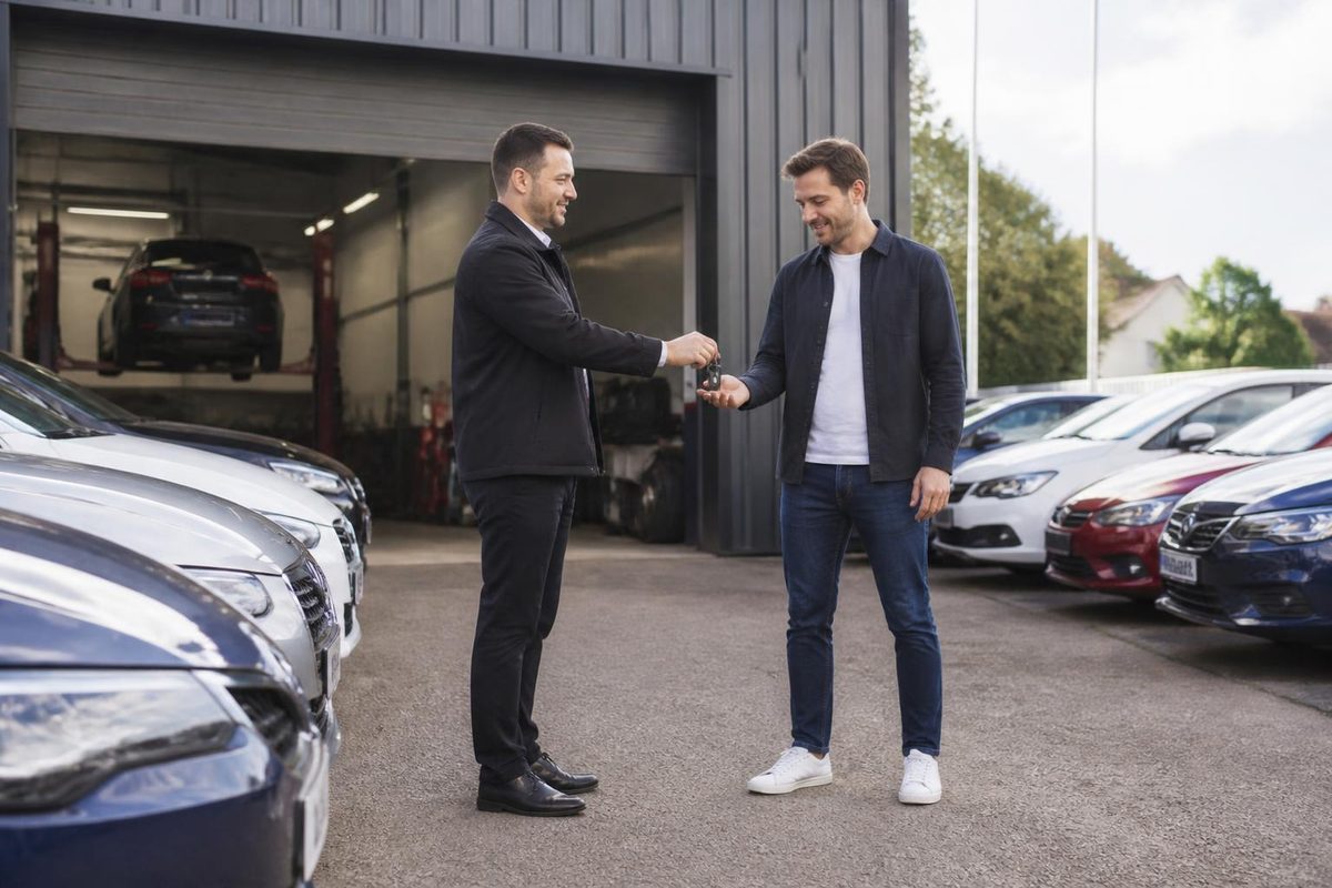 Used cars lined up on a dealer forecourt in front of a small garage workshop