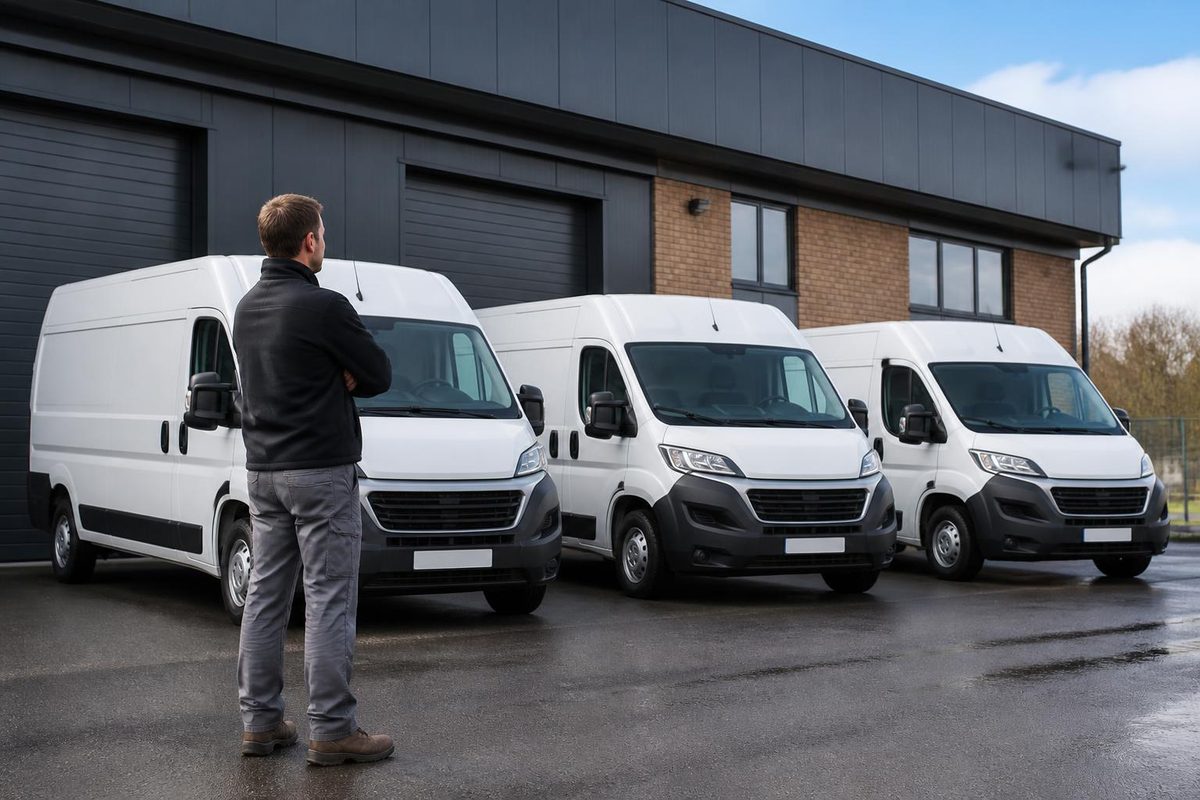 Business owner beside new white vans outside a new unit