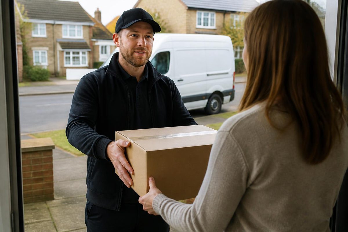 Two delivery staff carrying a boxed sofa from a branded van to a house