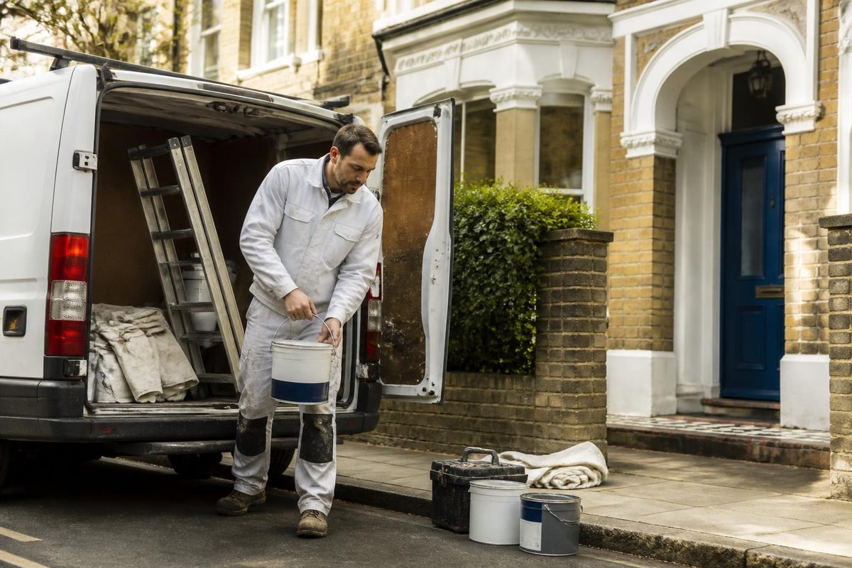 Decorator lifting a ladder from the roof rack of a white van outside a shopfront