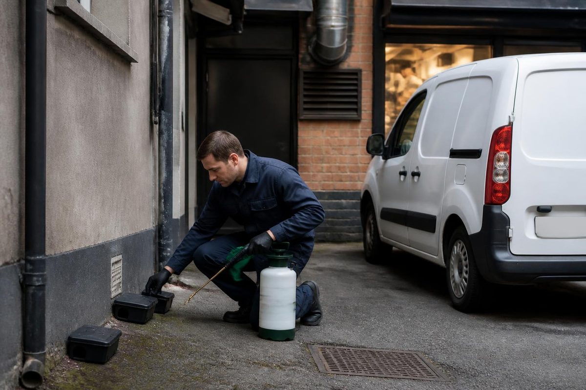 Pest control technician beside a small signwritten van at a commercial site