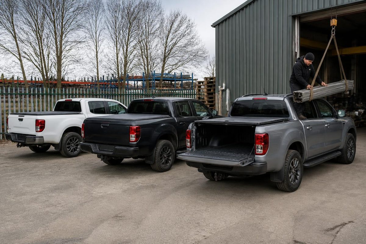 Two double cab pickups with hardtop canopies parked on a gravel estate track