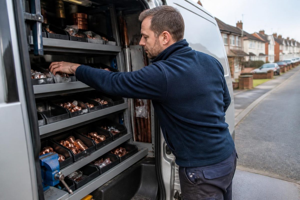 Plumbing van with its rear doors open showing shelves of copper pipe and fittings
