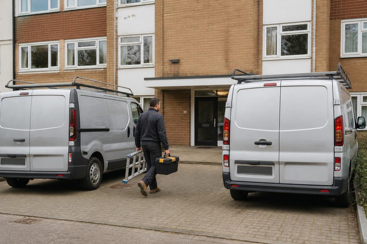 Maintenance operative unloading a toolbox from a small van outside a block of flats