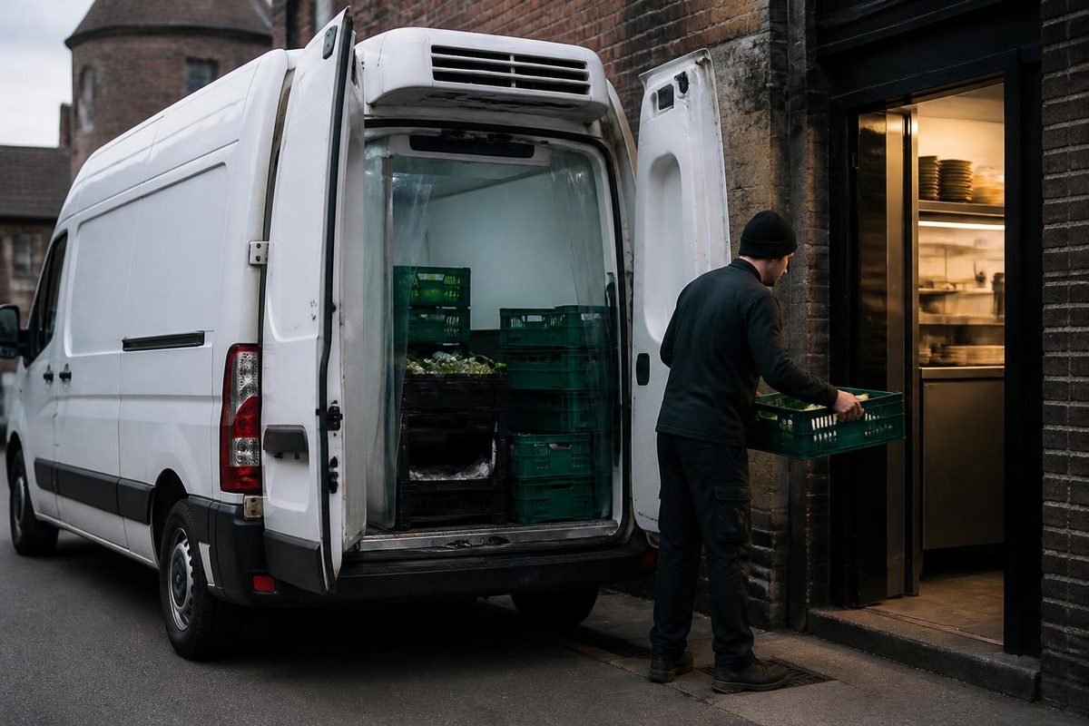 White refrigerated van with a roof-mounted fridge unit parked at a loading bay