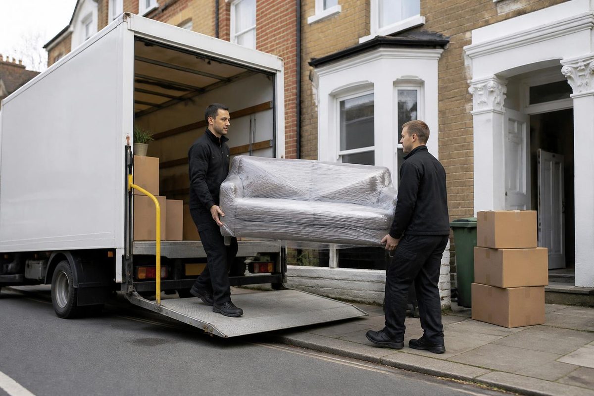 Two Luton removal vans with tail lifts lowered outside a row of terraced houses