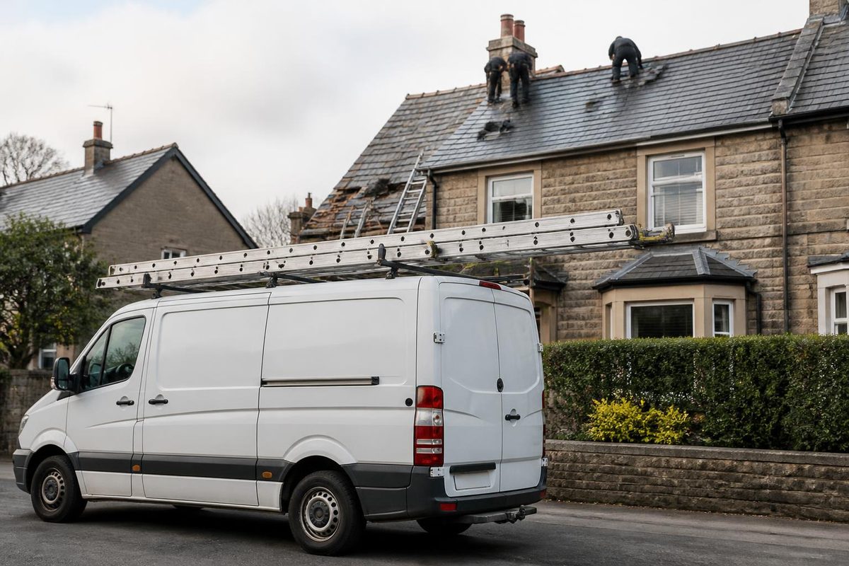 Roofing contractor's van with ladders on a roof rack parked outside a terraced house