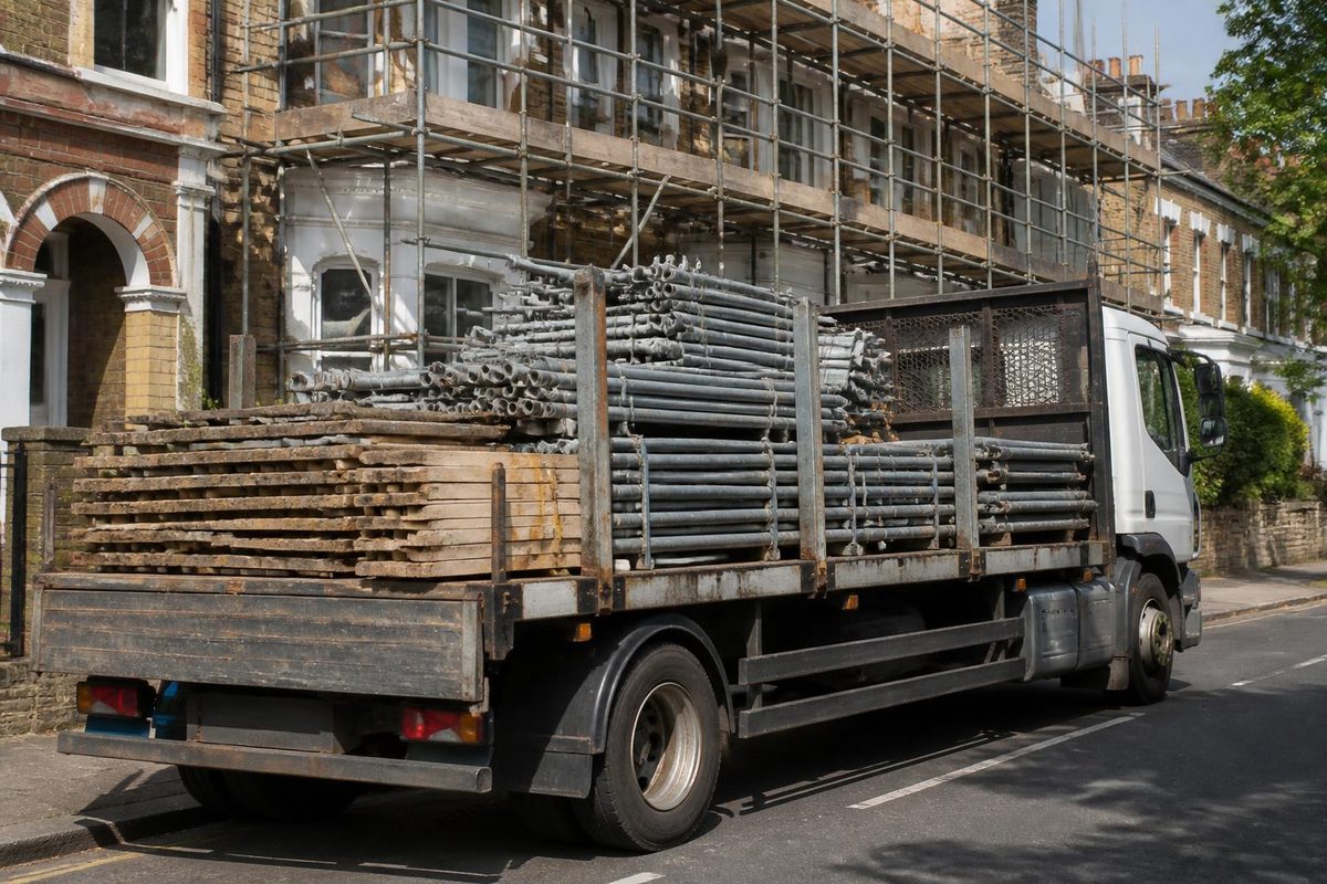Scaffold lorry loaded with tubes and boards parked in a scaffolding yard
