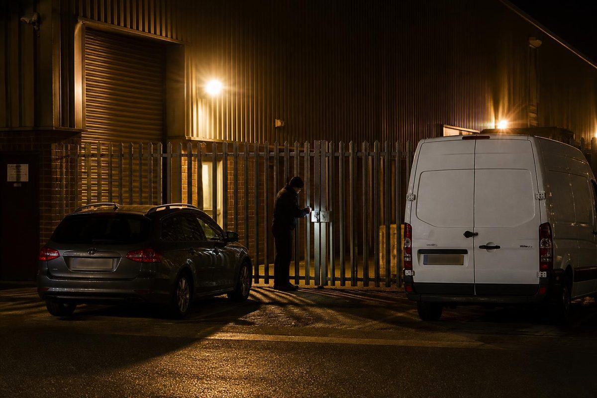 Marked security patrol car parked outside a business park at dusk