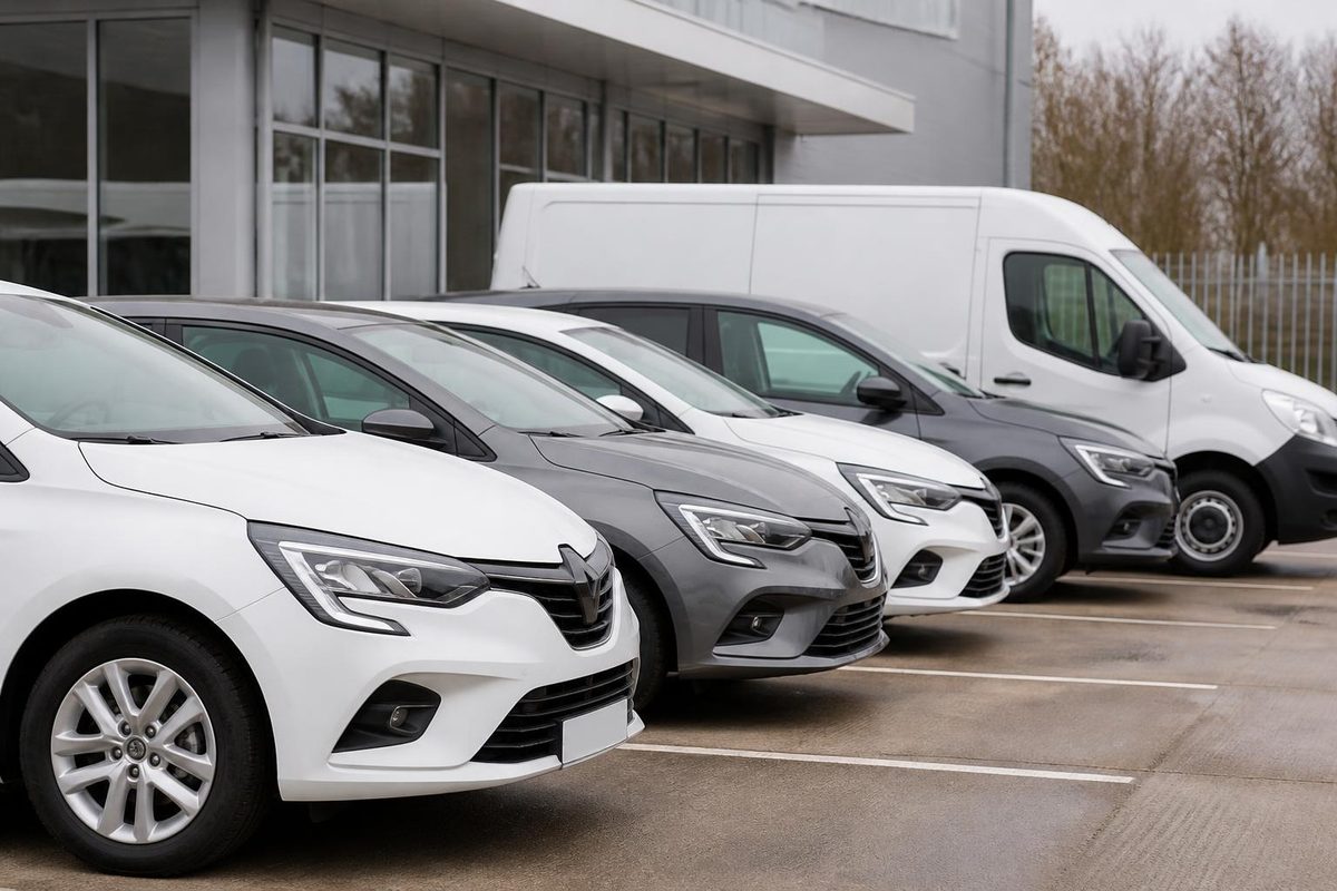 Hire cars and a hire van parked on a rental depot forecourt