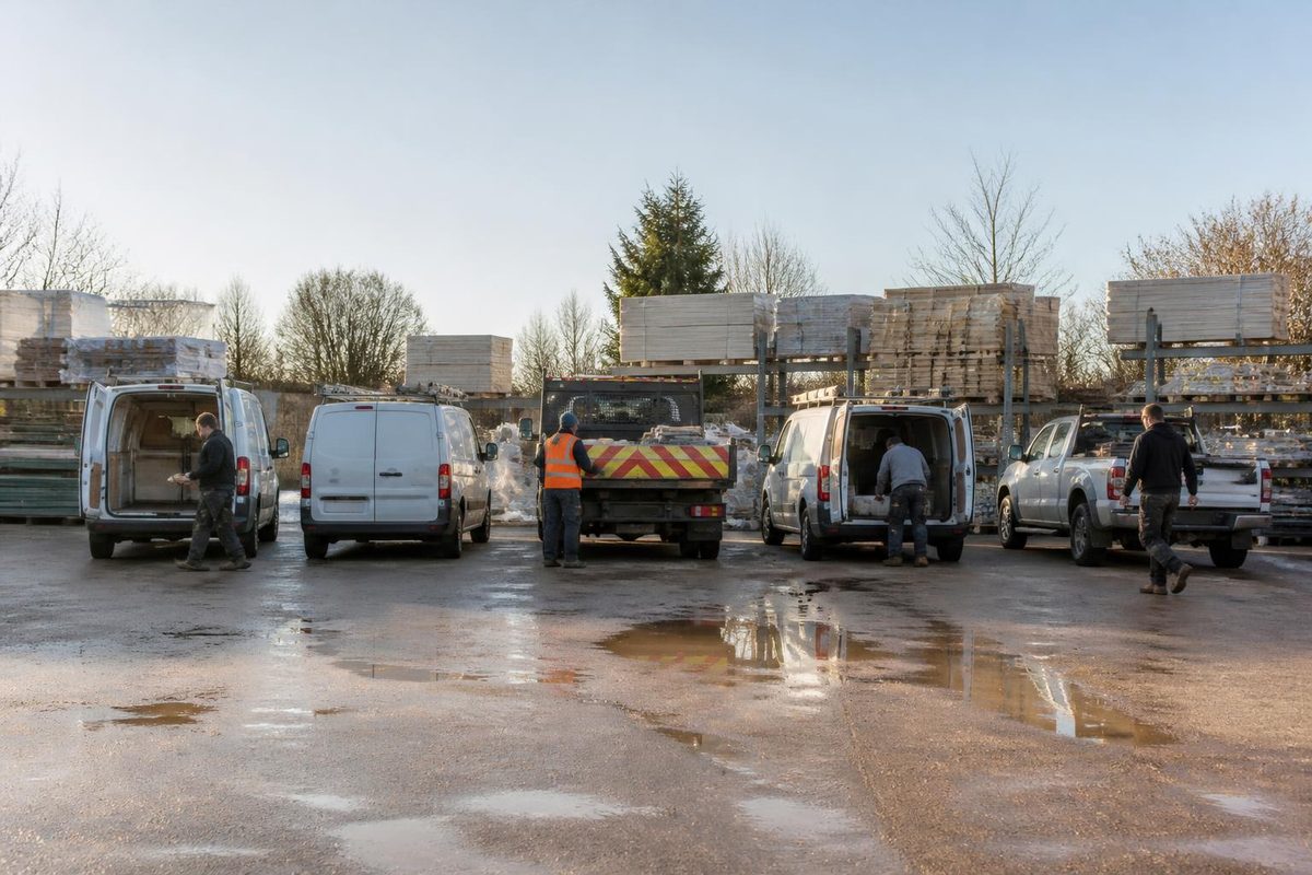Row of tradespeople's vans, a pickup and a tipper parked at a trade merchant yard