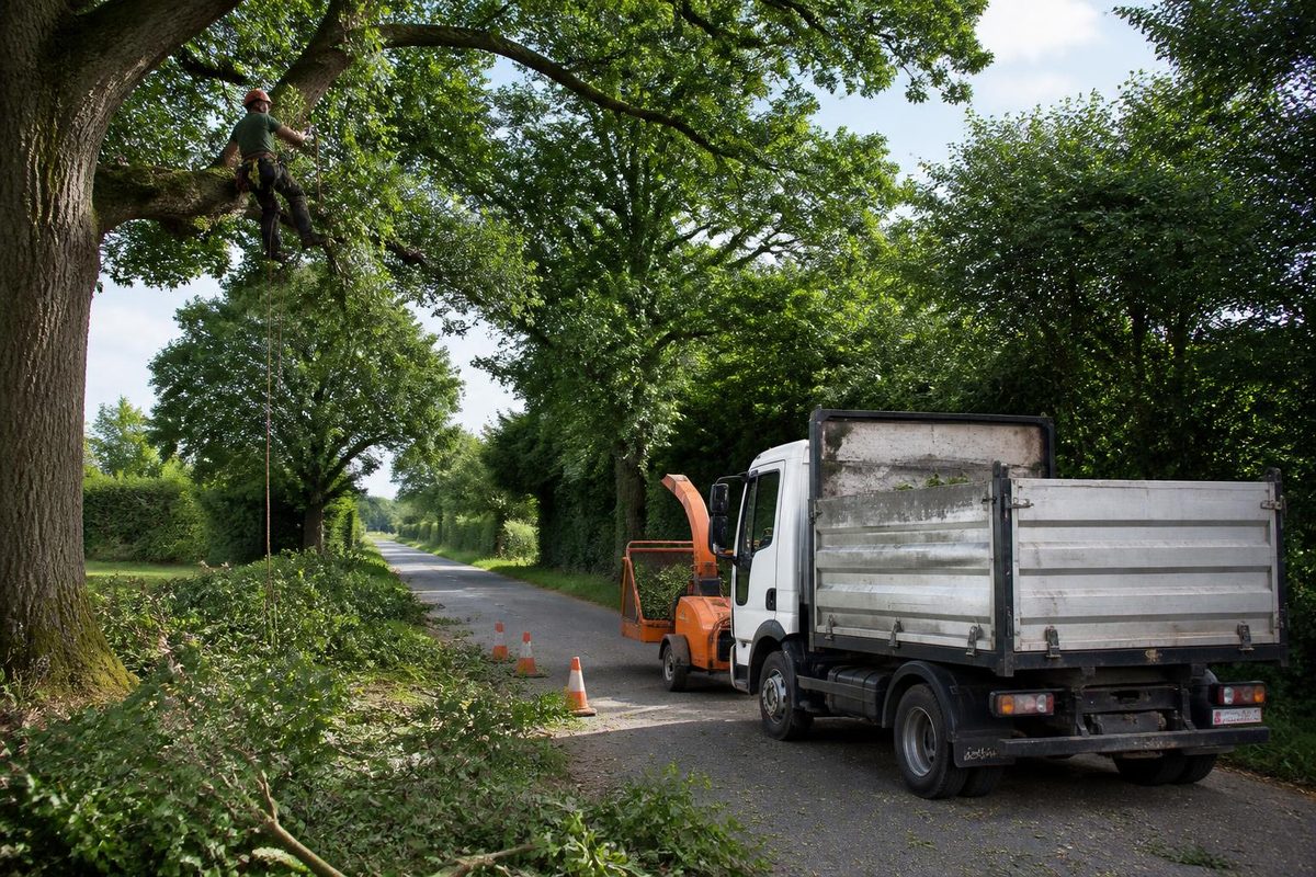 Caged tipper with a wood chipper hitched behind, parked on a verge beside felled branches