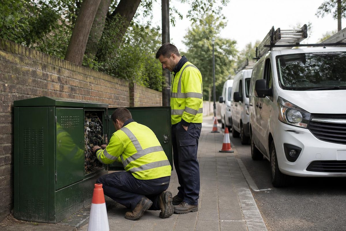 Telecoms engineer van with a roof ladder parked beside a green street cabinet, with traffic cones set out on the pavement