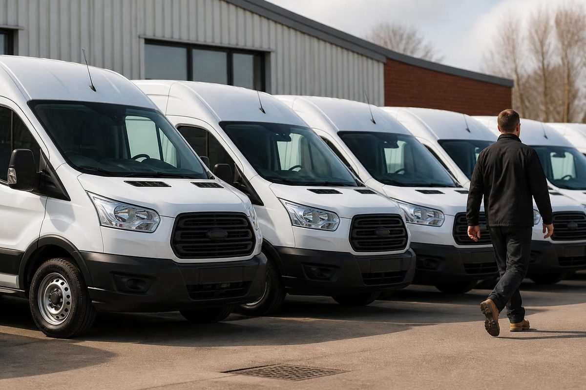 Line of white panel vans parked in a business yard