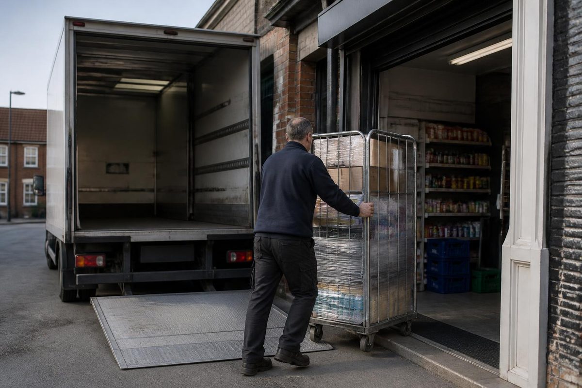Rigid lorry backed onto a warehouse loading bay with pallets of stock being loaded